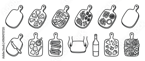 Collection of hand-drawn black and white illustrations showing various cutting boards with different food items and empty boards