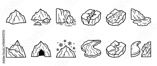 Collection of various black and white line art illustrations depicting different types of icebergs and icy landscapes