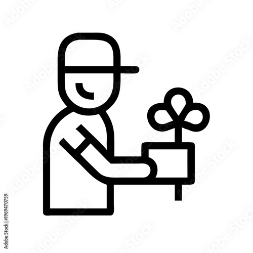 Flower delivery man icon black line, courier holding potted plant outline, vector graphic