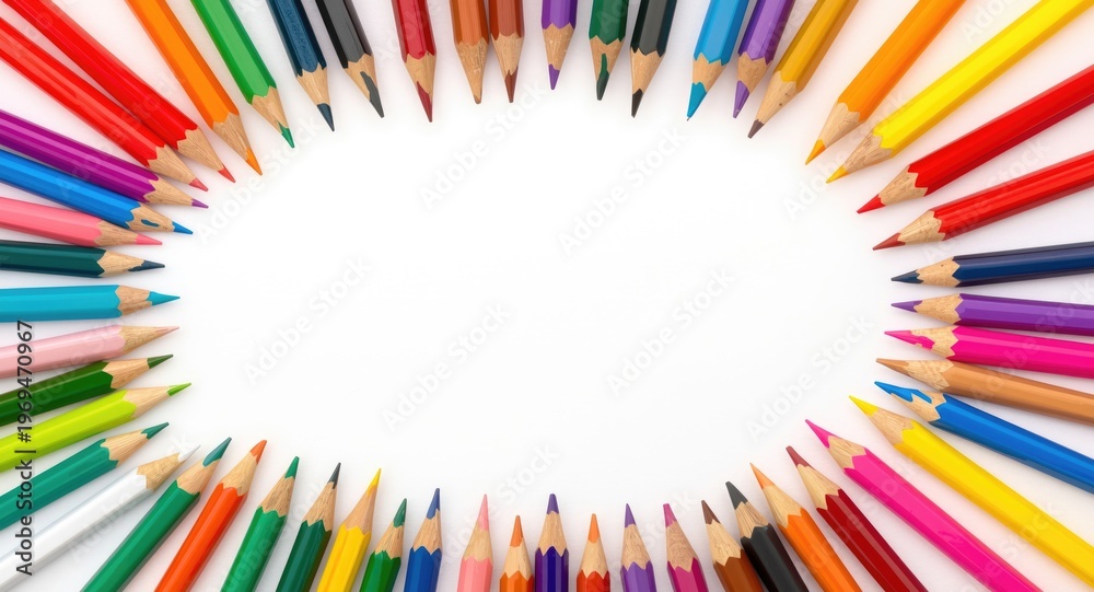 Fototapeta premium Various color pencils displayed on white background with copy space for office concepts