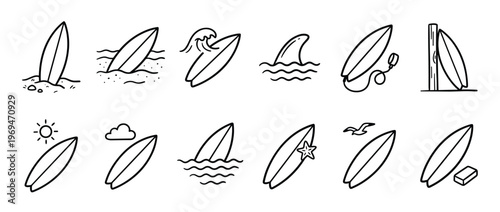 Collection of black outline surfboard icons in various surfing and beach-related scenarios, presented in a clean, minimalist doodle style