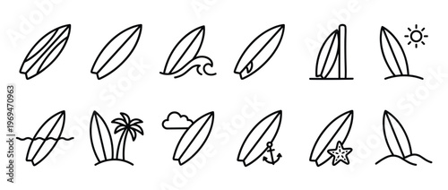 Collection of black outline surfboard icons representing various beach and surfing elements in a simple, clean style