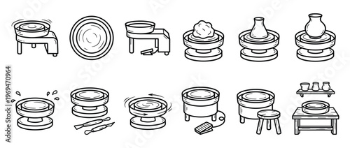 Collection of black outline icons illustrating various stages and tools involved in pottery making and ceramics