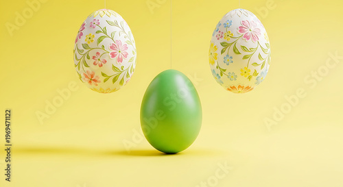 Three Easter eggs on yellow background with floral patterns and green egg
