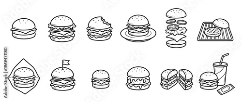 Collection of various hand-drawn burger illustrations in black outline, showcasing different styles and stages of preparation