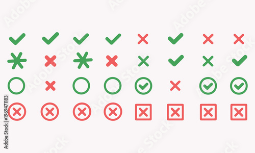 Collection of various green checkmark and red cross icons for user interface design elements
