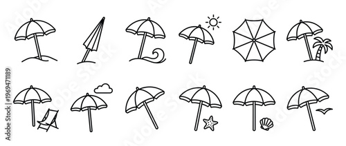 Collection of various simple outline beach umbrella icons, some with additional summer elements like sun, waves, and palm trees, presented in a clean, minimalist style