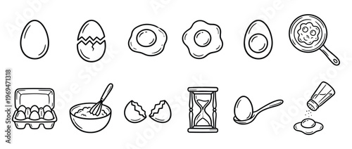 Various hand-drawn egg illustrations in different forms, including whole, cracked, fried, boiled, and cooking accessories, presented in a clean line art style
