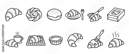 Various hand-drawn black and white pastry and bakery icons including croissants, buns, and tarts in a clean, illustrative style
