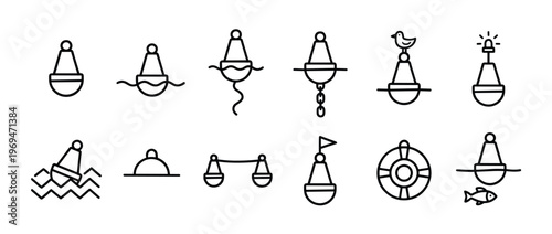 Collection of twelve simple black outline buoy icons depicting various maritime navigation markers and related elements