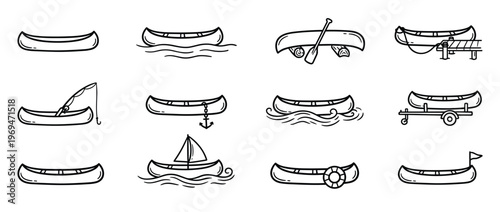 Collection of twelve simple black outline canoe icons depicting various activities and states, presented in a clean, illustrative style