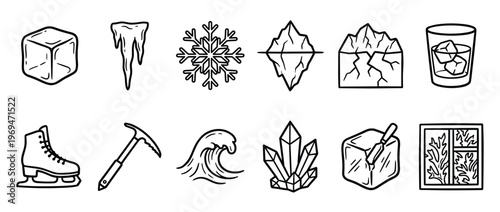 Collection of various ice-related black and white line art icons, including cubes, icicles, snowflakes, and icebergs