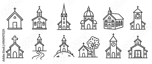Collection of various simple black outline church icons, depicting different architectural styles and details