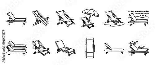 Collection of black outline illustrations depicting various beach chairs and sun loungers in different positions and settings