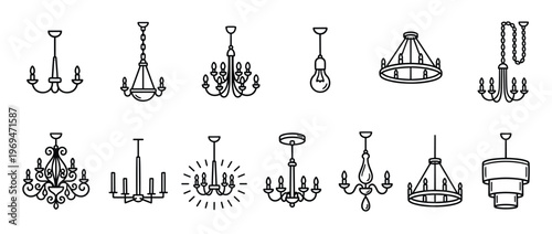Various black outline chandelier icons are displayed in a neat grid, showcasing different styles of hanging light fixtures