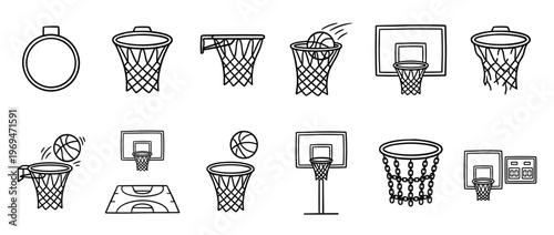 Collection of various hand-drawn basketball hoops, backboards, and balls in a simple black and white outline style