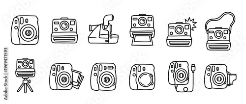 Collection of various instant camera line art icons, showcasing different models and accessories in a minimalist style