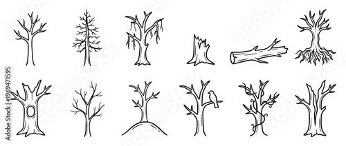 Collection of various hand-drawn bare trees and stumps in a simple black outline style, depicting different forms and stages of tree life