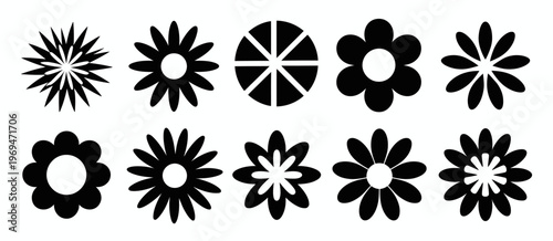 Ten Black and White Flower Silhouettes with Different Petal Shapes and Patterns petals