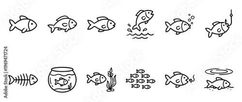 Collection of simple black outline fish icons depicting various aquatic activities and states, presented in a clean, illustrative style