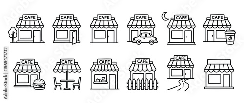 Collection of simple line art cafe icons showing various scenarios and elements related to coffee shops