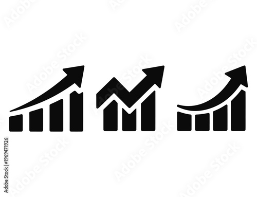 Three black and white bar graphs with upward trending arrows