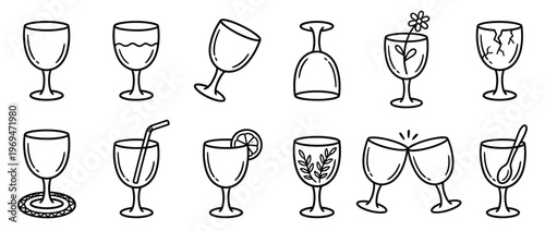 Collection of hand-drawn wine glasses and cocktail cups in various states and designs, depicted in a simple black outline style