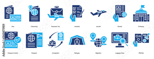 immigration Icon Set Collection Pack Banner Web Vector Illustration  Concept. Containing Visa, Citizenship, Business Trip, checklist, aircraft, Denied, Embassy icon