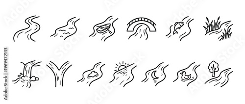 Collection of simple black outline river icons depicting various elements like a boat, bridge, fish, and waterfall