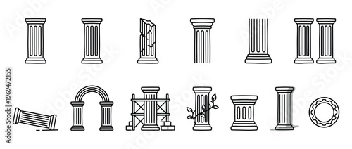 Various black outline ancient architectural columns and arches are depicted in a clean, minimalist illustration style