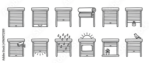 Collection of twelve simple black outline icons depicting various window roller shutters in different states and scenarios