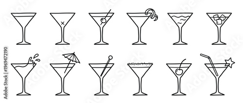 Collection of twelve simple black outline martini glass icons with various garnishes and liquid details, presented in a clean, minimalist style