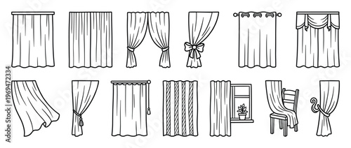 Collection of various black outline curtain designs, including drapes, valances, and tie-backs, presented in a clean, graphic style