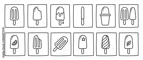 Collection of hand-drawn black and white doodle icons depicting various ice cream popsicles and frozen treats