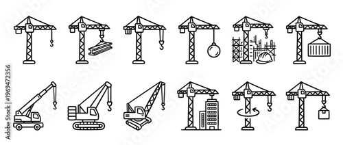 Collection of black outline construction crane icons illustrating various building and lifting activities