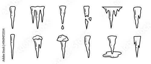 Various black outline icicles are depicted in a hand-drawn style, showing different shapes, melting, and broken forms