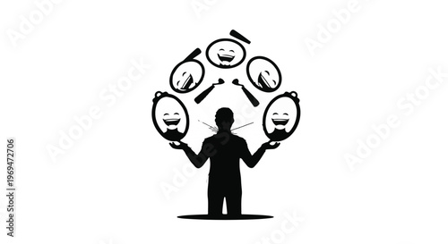 Silhouette of a person expertly juggling multiple smiling faces, symbolizing multitasking and positive energy.