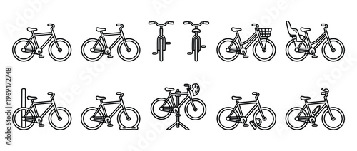 Collection of ten simple black outline bicycle icons, depicting various styles and accessories in a clean, minimalist design