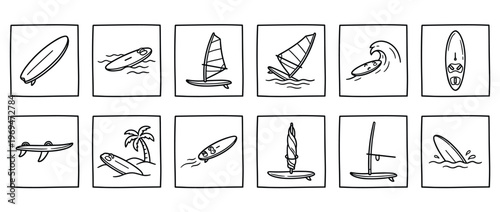Collection of hand-drawn black and white surfboards and windsurfing boards in various action poses and static positions