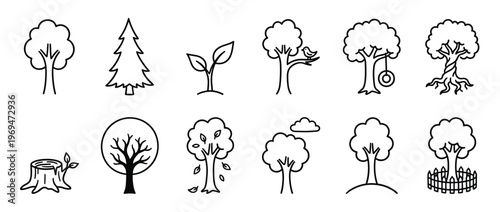 Collection of various simple black outline tree icons, including a sapling, pine tree, and a tree stump, presented in a clean, graphic style