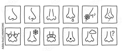 Collection of twelve simple black outline drawings depicting various human noses with different conditions and accessories