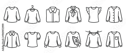 Various simple outline drawings of different types of women's blouses and shirts, including ironing and drying