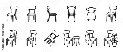 Collection of simple line art chairs in various positions and arrangements, including some with small objects, presented in a clean, illustrative style