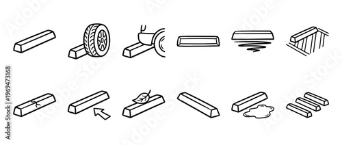 Collection of hand-drawn gold bar icons in various scenarios, including a tire, a leaf, and melting, presented in a clean, graphic style