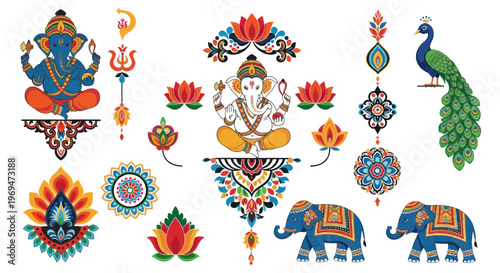 Indian cultural elements: Ganesha, elephants, peacock, lotus flowers, mandala designs