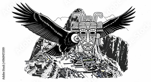 Andean Condor with Inca Mask Flies Over Machu Picchu Ruins