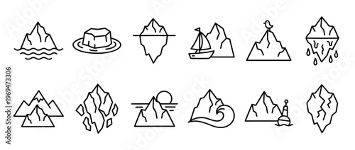 Collection of various simple black outline iceberg icons, depicting different forms and scenarios of icebergs