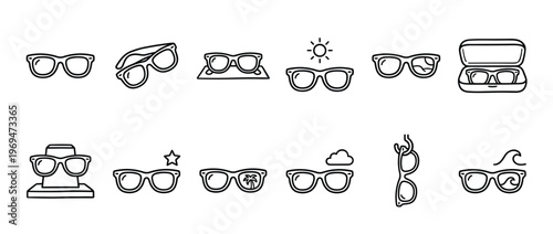 Collection of various hand-drawn sunglasses icons in a simple black outline style, depicting different scenarios and accessories