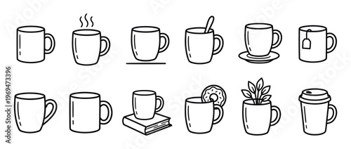 Collection of various hand-drawn coffee and tea mugs, cups, and related items in a simple black and white line art style