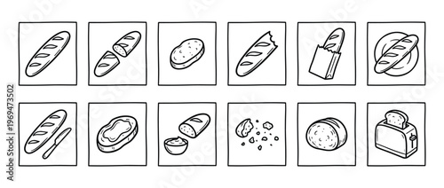 Collection of hand-drawn black and white bread icons depicting various forms and uses of baguettes and toast